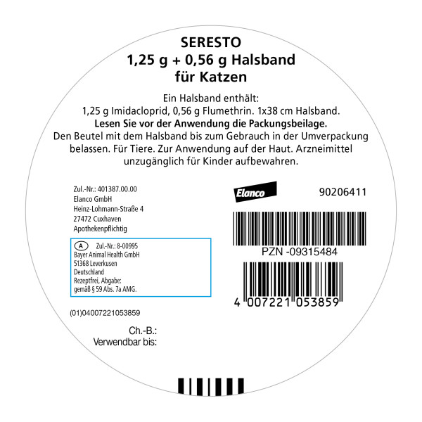Seresto Halsband für Katzen gegen Zecken und Flöhe, wirkt abtötend und repellierend  bis zu 7-8 Monate